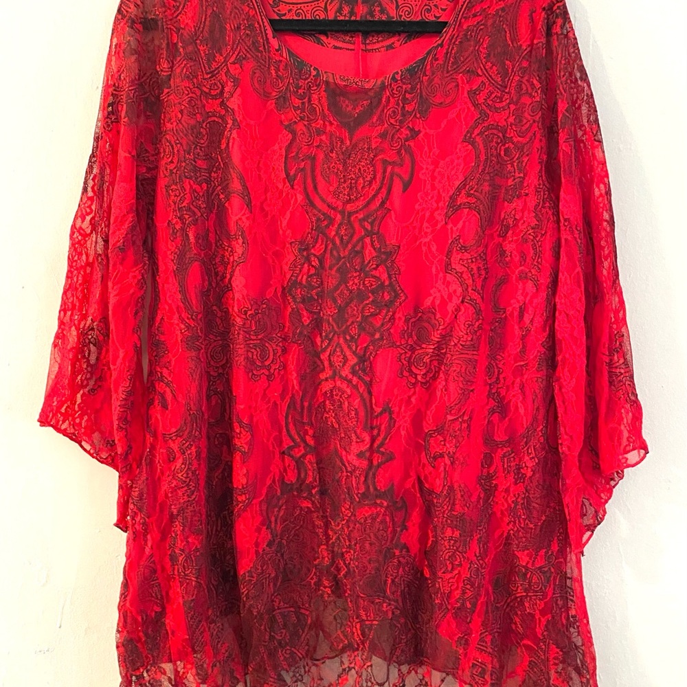 BEAUTIFUL Red/Black Lace w/Lining 2X Pullover Top